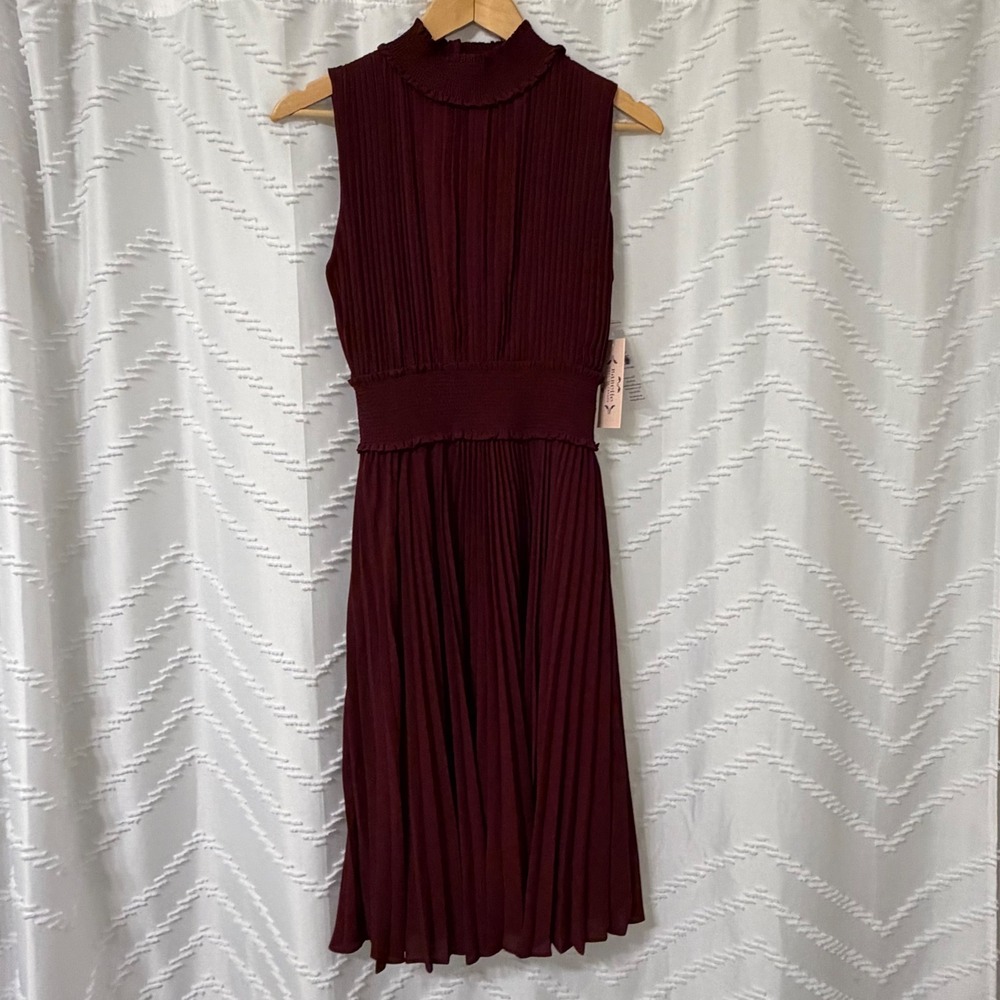 Nanette Nanette Lepore Burgundy Pleated Ruffle Mock Neck Smocked Midi Dress 8